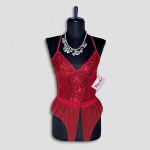 Lace Floral Babydoll Bodysuit Sheer Mesh Red Small